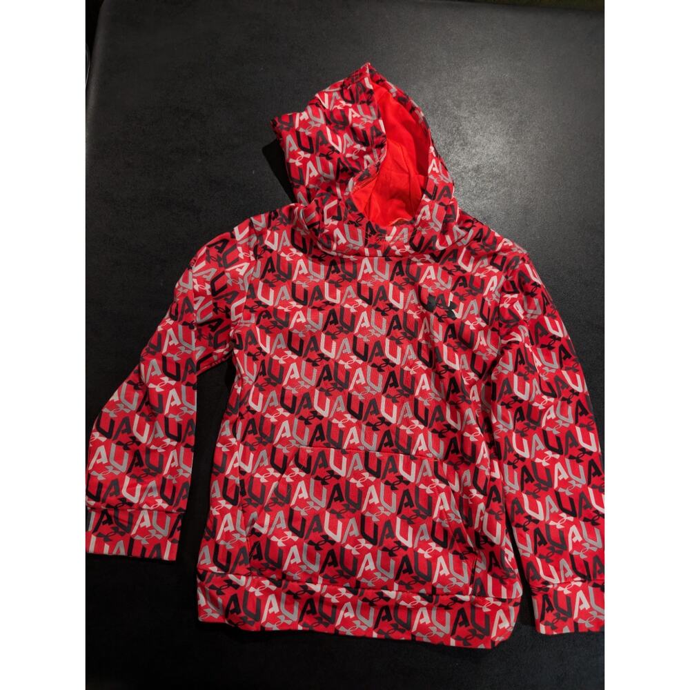 Under Armour Boys Size 6 Graphic Print Red Black Hoodie Sweatshirt Pullover Logo